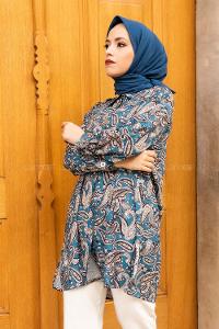 Modalamelif Şal Desen Baskılı Gömlek Mavi