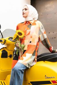 Modalamelif Şal Desen Baskılı Gömlek Oranj