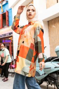 Modalamelif Şal Desen Baskılı Gömlek Oranj