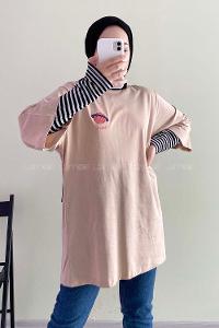 Modalamelif Satürn Nakışlı Oversize T-Shirt Bej