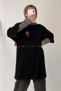 Modalamelif Satürn Nakışlı Oversize T-Shirt Siyah