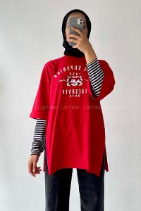 Modalamelif Superior Yazılı Yan Yırtmaçlı Oversize T-Shirt Kırmızı
