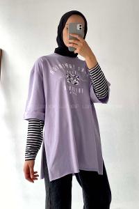 Modalamelif Superior Yazılı Yan Yırtmaçlı Oversize T-Shirt Lila
