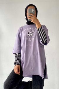 Modalamelif Superior Yazılı Yan Yırtmaçlı Oversize T-Shirt Lila