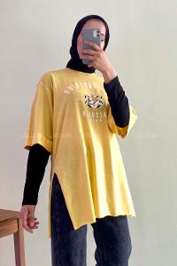 Modalamelif Superior Yazılı Yan Yırtmaçlı Oversize T-Shirt Sarı