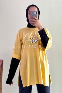 Modalamelif Superior Yazılı Yan Yırtmaçlı Oversize T-Shirt Sarı