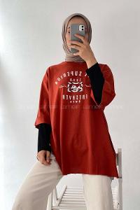 Modalamelif Superior Yazılı Yan Yırtmaçlı Oversize T-Shirt Taba Rengi