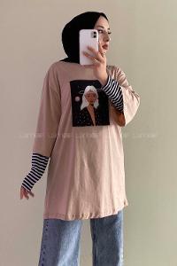 Modalamelif Uzaylı Kız Oversize T-Shirt Sütlü Kahve
