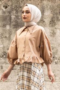 Modalamelif Yakası Dantel Detaylı Balon Kol Bluz Camel