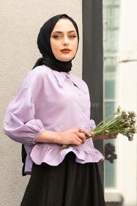 Modalamelif Yakası Dantel Detaylı Balon Kol Bluz  Lila