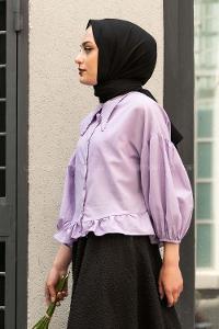 Modalamelif Yakası Dantel Detaylı Balon Kol Bluz  Lila