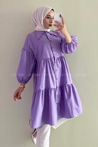 Modalamelif Yakası Dantel Detaylı Önü Düğmeli Poplin Tunik Lila
