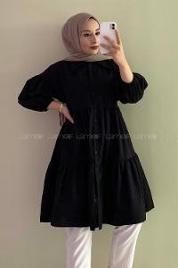 Modalamelif Yakası Dantel Detaylı Önü Düğmeli Poplin Tunik Siyah