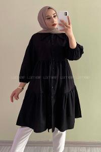 Modalamelif Yakası Dantel Detaylı Önü Düğmeli Poplin Tunik Siyah