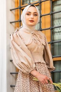 Modalamelif Yakası Pile Detaylı Balon Kol Bluz Bej