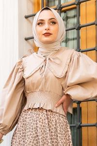 Modalamelif Yakası Pile Detaylı Balon Kol Bluz Bej