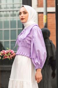 Modalamelif Yakası Pile Detaylı Balon Kol Bluz Lila