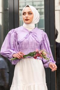 Modalamelif Yakası Pile Detaylı Balon Kol Bluz Lila