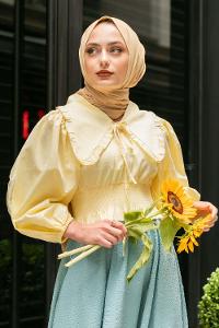 Modalamelif Yakası Pile Detaylı Balon Kol Bluz Sarı