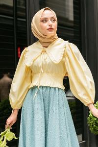 Modalamelif Yakası Pile Detaylı Balon Kol Bluz Sarı