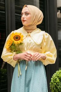 Modalamelif Yakası Pile Detaylı Balon Kol Bluz Sarı