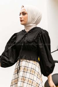 Modalamelif Yakası Pile Detaylı Balon Kol Bluz Siyah