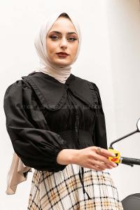 Modalamelif Yakası Pile Detaylı Balon Kol Bluz Siyah