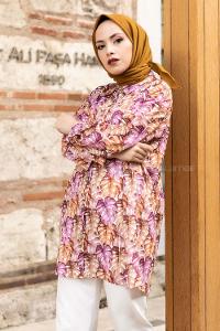 Modalamelif Yaprak Desen Baskılı Gömlek Mor