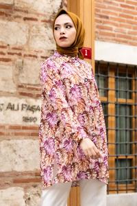 Modalamelif Yaprak Desen Baskılı Gömlek Mor