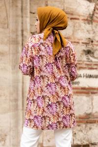 Modalamelif Yaprak Desen Baskılı Gömlek Mor