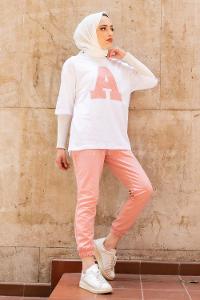 Modalamelif  A Nakış Detaylı İkili Takım Pembe