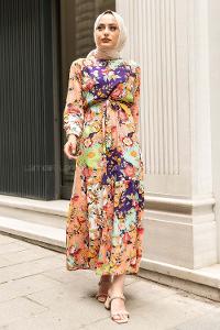 Modalamelif Beli Kuşaklı Çiçek Deseli Elbise Gül