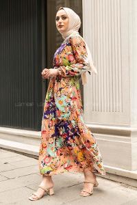 Modalamelif Beli Kuşaklı Çiçek Deseli Elbise Gül