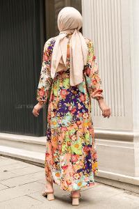 Modalamelif Beli Kuşaklı Çiçek Deseli Elbise Gül