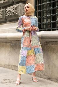 Modalamelif Beli Kuşaklı Etnik Desenli Elbise Somon-Mavi