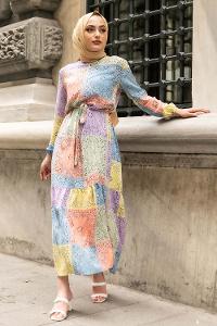 Modalamelif Beli Kuşaklı Etnik Desenli Elbise Somon-Mavi