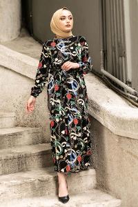 Modalamelif Beli Kuşaklı Kemer Desenli Elbise Siyah