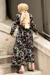 Modalamelif Beli Kuşaklı Kemer Desenli Elbise Siyah