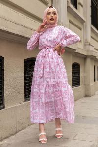 Modalamelif Beli Kuşaklı Nakış Detaylı  Elbise Kırmızı