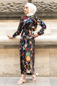 Modalamelif Beli Kuşaklı Tropical Desenli Elbise Siyah