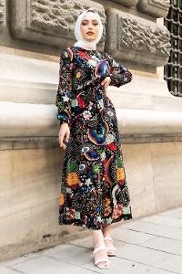 Modalamelif Beli Kuşaklı Tropical Desenli Elbise Siyah