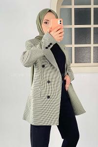 Modalamelif Düğme Detaylı Pötikare Blazer Ceket  Yeşil