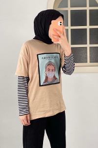 Modalamelif Face Mask Grils Oversize T-Shirt Bej