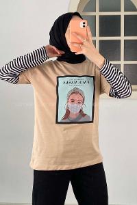 Modalamelif Face Mask Grils Oversize T-Shirt Bej
