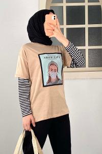 Modalamelif Face Mask Grils Oversize T-Shirt Bej