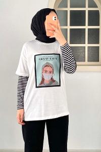 Modalamelif Face Mask Grils Oversize T-Shirt Beyaz