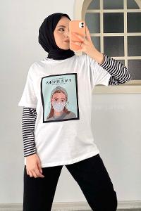Modalamelif Face Mask Grils Oversize T-Shirt Beyaz