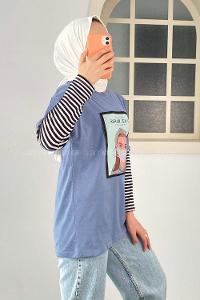 Modalamelif Face Mask Grils Oversize T-Shirt Mavi