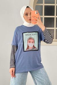Modalamelif Face Mask Grils Oversize T-Shirt Mavi