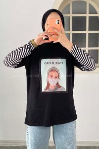 Modalamelif Face Mask Grils Oversize T-Shirt Siyah